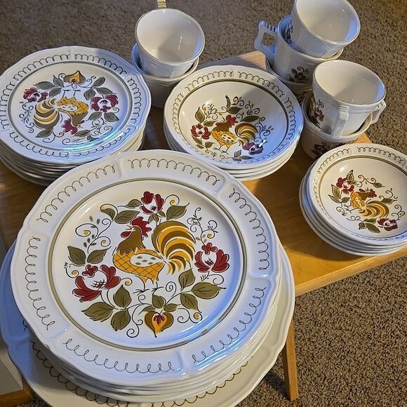 Vintage Mikasa Terra Stone Heritage 7125 Rooster Plate Cup Mug Dinnerware Set 32 - Picture 1 of 16